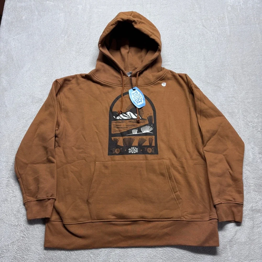 NWT Hey Dude Mens XL Graphic Hoodie Sweatshirt Brown Desert Mountain Pullover